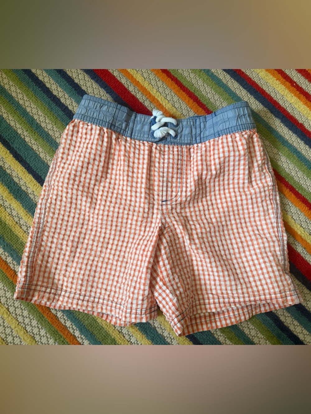 Mini Boden orange gingham seersucker swim shorts size 7/8 yo EUC